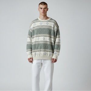 Vintage Made‎ in USA Textured Knit Sweater Men’s M 100% Cotton Cream Sage Blue